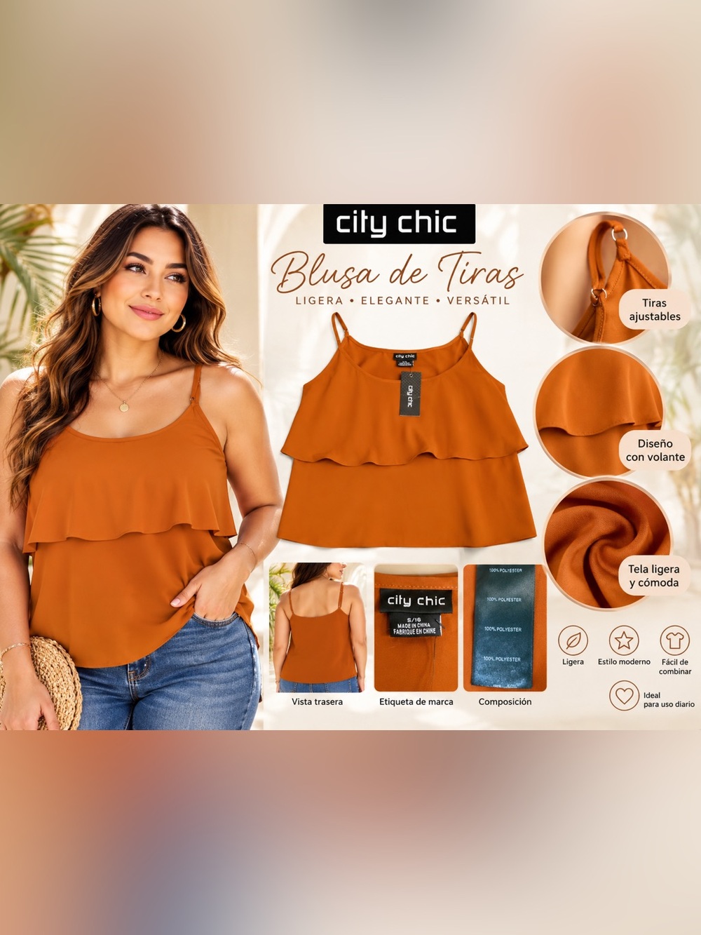 City Chic Rust Orange Layered Ruffle Spaghetti Strap Camisole